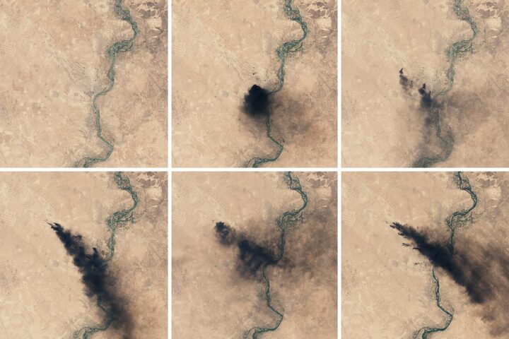 NASA satellite image showing massive smoke plumes from oil fires drifting across the Middle East, illustrating the environmental damage from wartime attacks on energy infrastructure. Photo: NASA / Public Domain