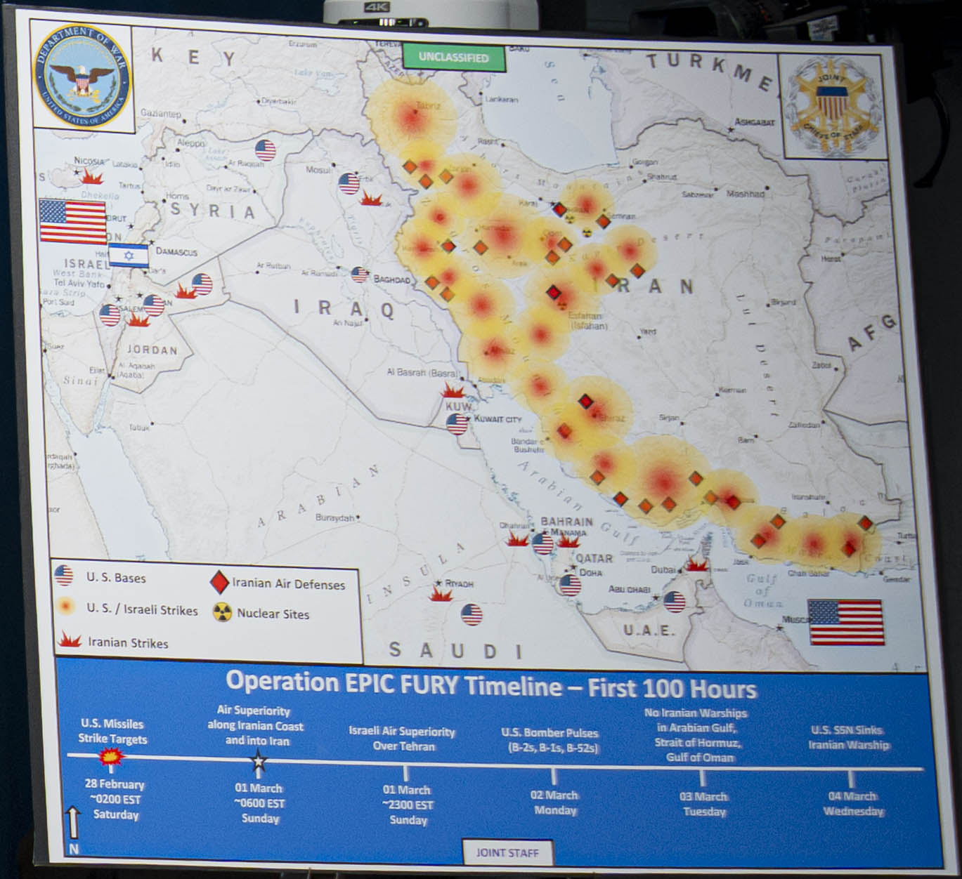 Pentagon briefing map of Operation Epic Fury showing U.S. and Israeli strike targets across Iran and the Persian Gulf region during the first 100 hours of operations beginning February 28 2026