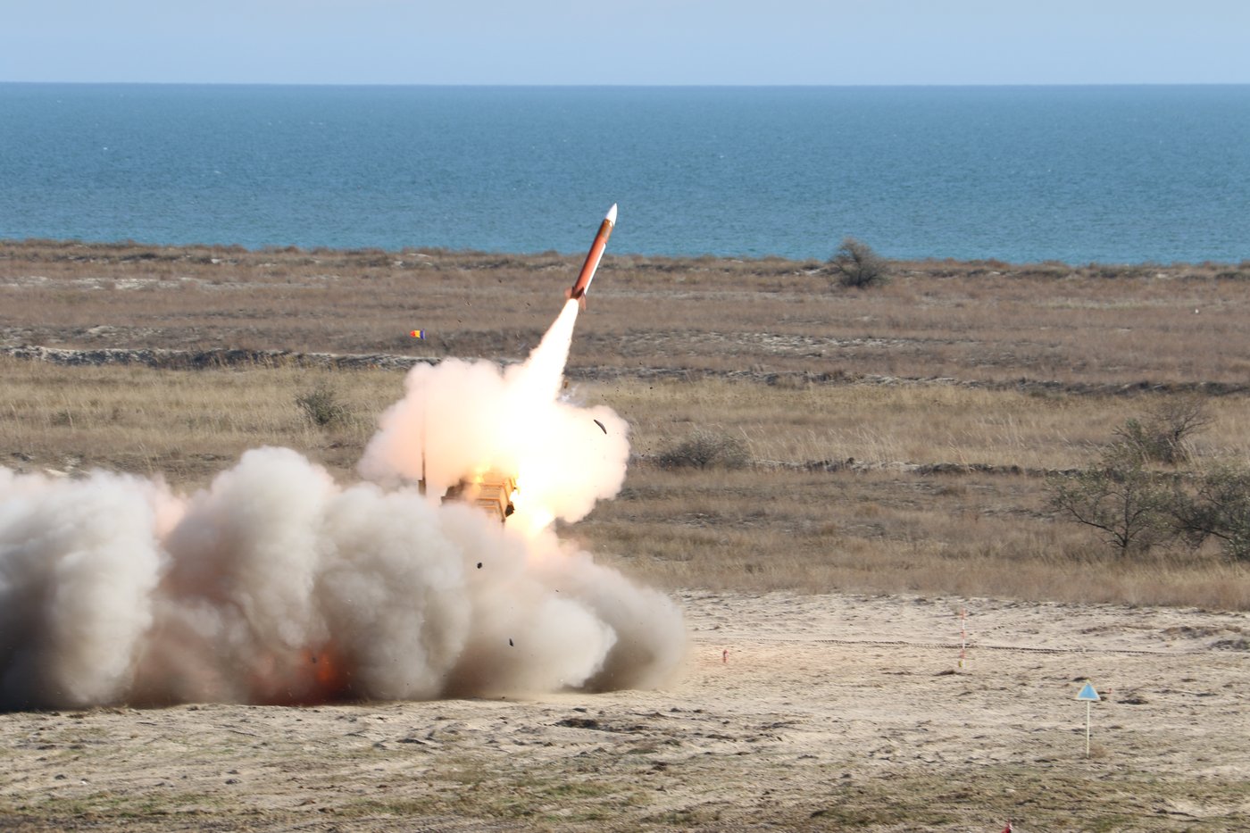 Patriot MIM-104 air defense missile system launching interceptor during live-fire exercise