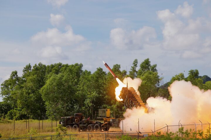 Patriot Advanced Capability 2 interceptor missile launching from an M903 launcher station during Exercise Tenacious Archer 25, August 2025. U.S. Army photo by Capt. Frank Spatt, public domain.