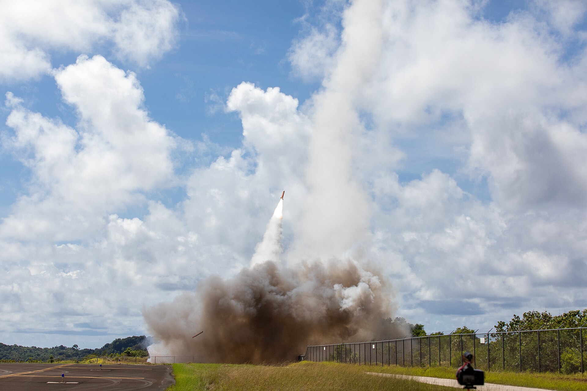A Patriot missile launches during a live-fire exercise, the same air defense system protecting Saudi Arabia from Iranian ballistic missiles