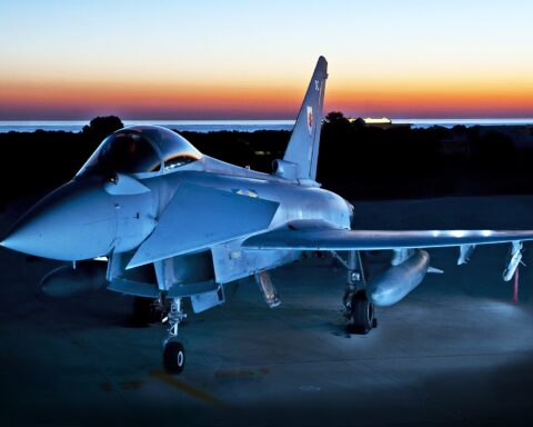 RAF Typhoon fighter jet on the tarmac at RAF Akrotiri, Cyprus, at dusk. Britain is deploying additional Typhoons to the Gulf to support Saudi Arabia defense. Photo: UK Ministry of Defence / OGL v1.0