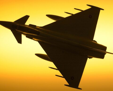 RAF Typhoon fighter jet silhouetted against sky during Gulf defense operations. Photo: UK Ministry of Defence / OGL v1.0