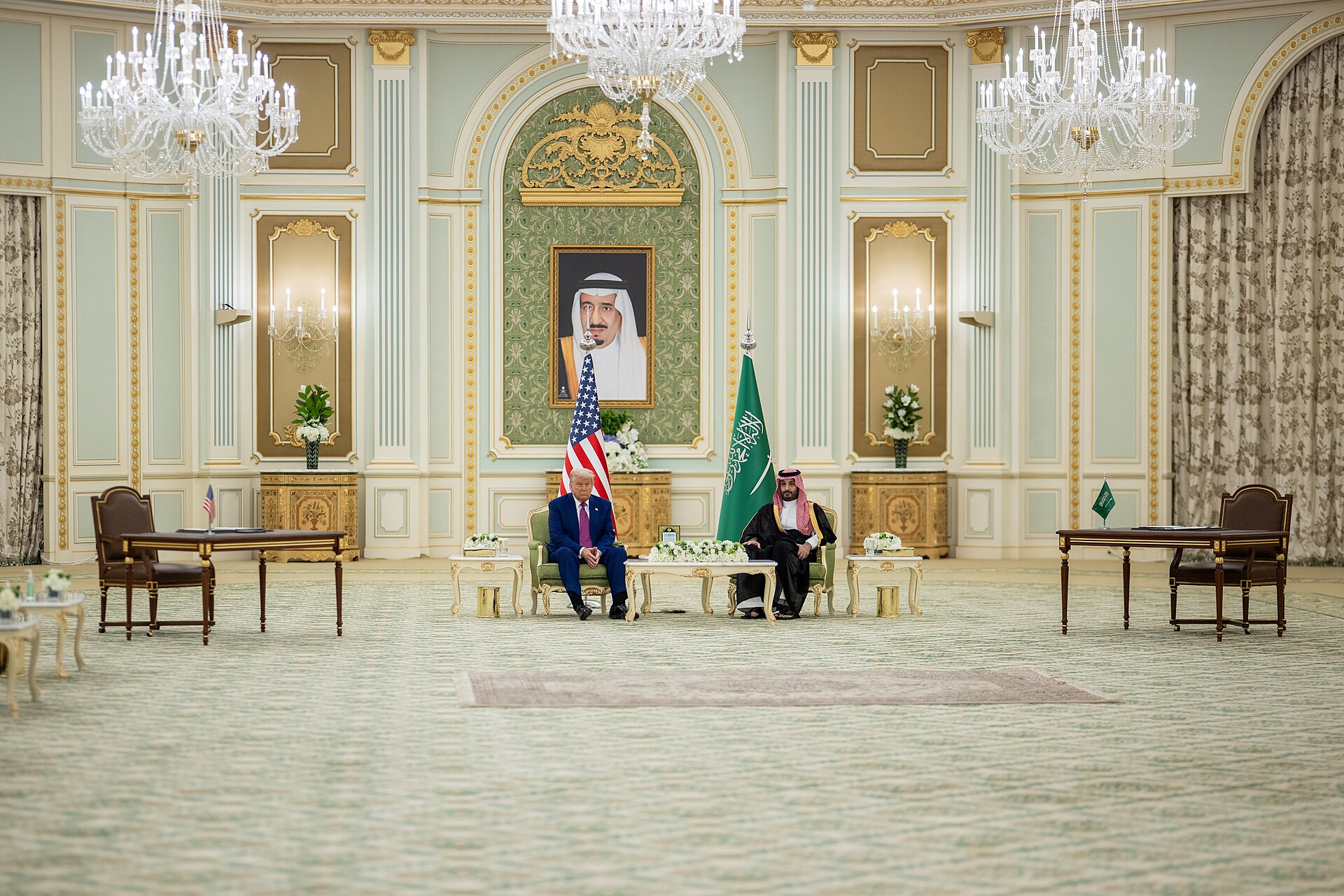 A bilateral diplomatic meeting at the Royal Court Palace in Riyadh, Saudi Arabia, where Crown Prince Mohammed bin Salman receives foreign leaders for high-level talks