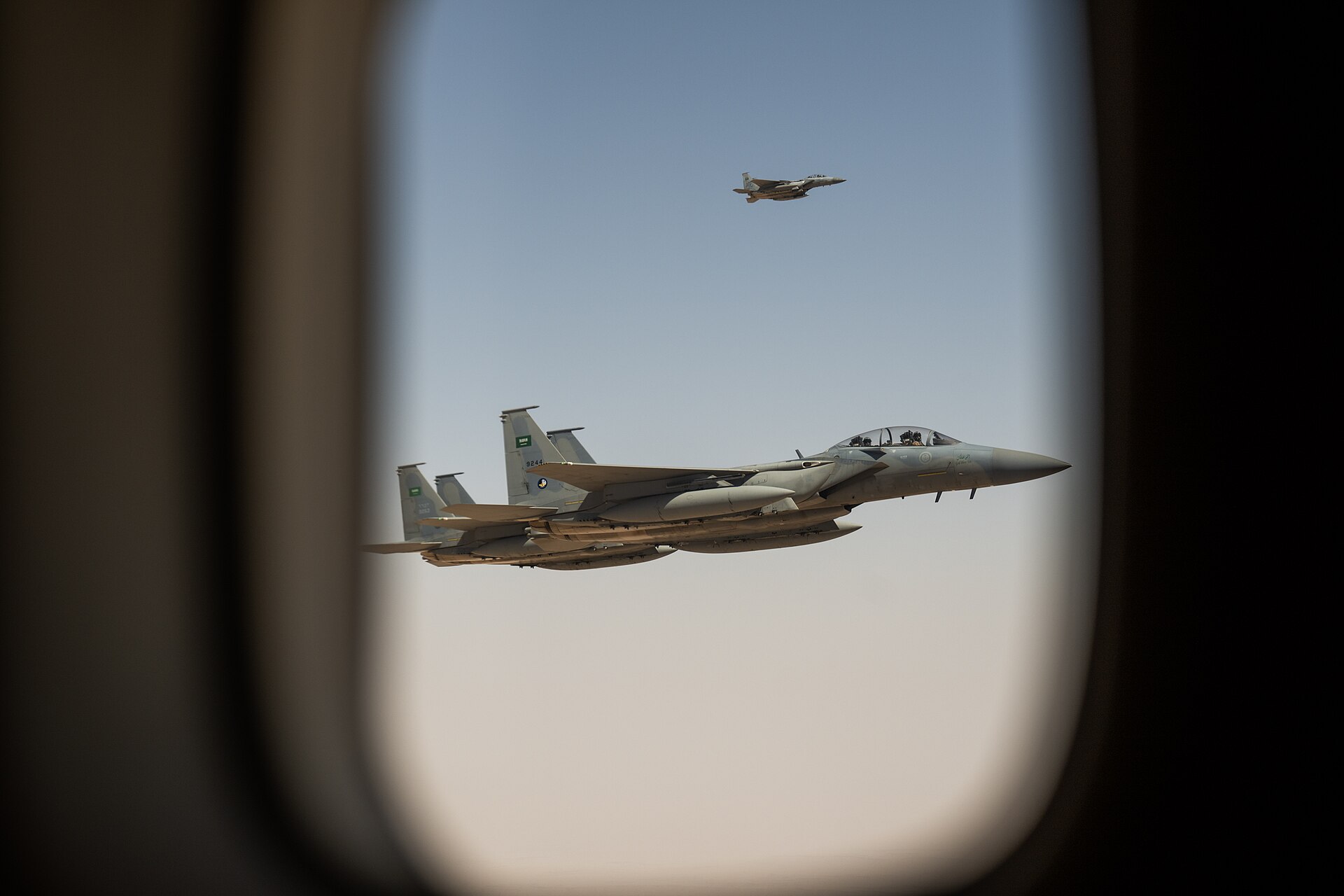Royal Saudi Air Force F-15SA fighter jets escort Air Force One over Saudi Arabia during President Trump's 2025 state visit to Riyadh. Photo: White House / Public Domain