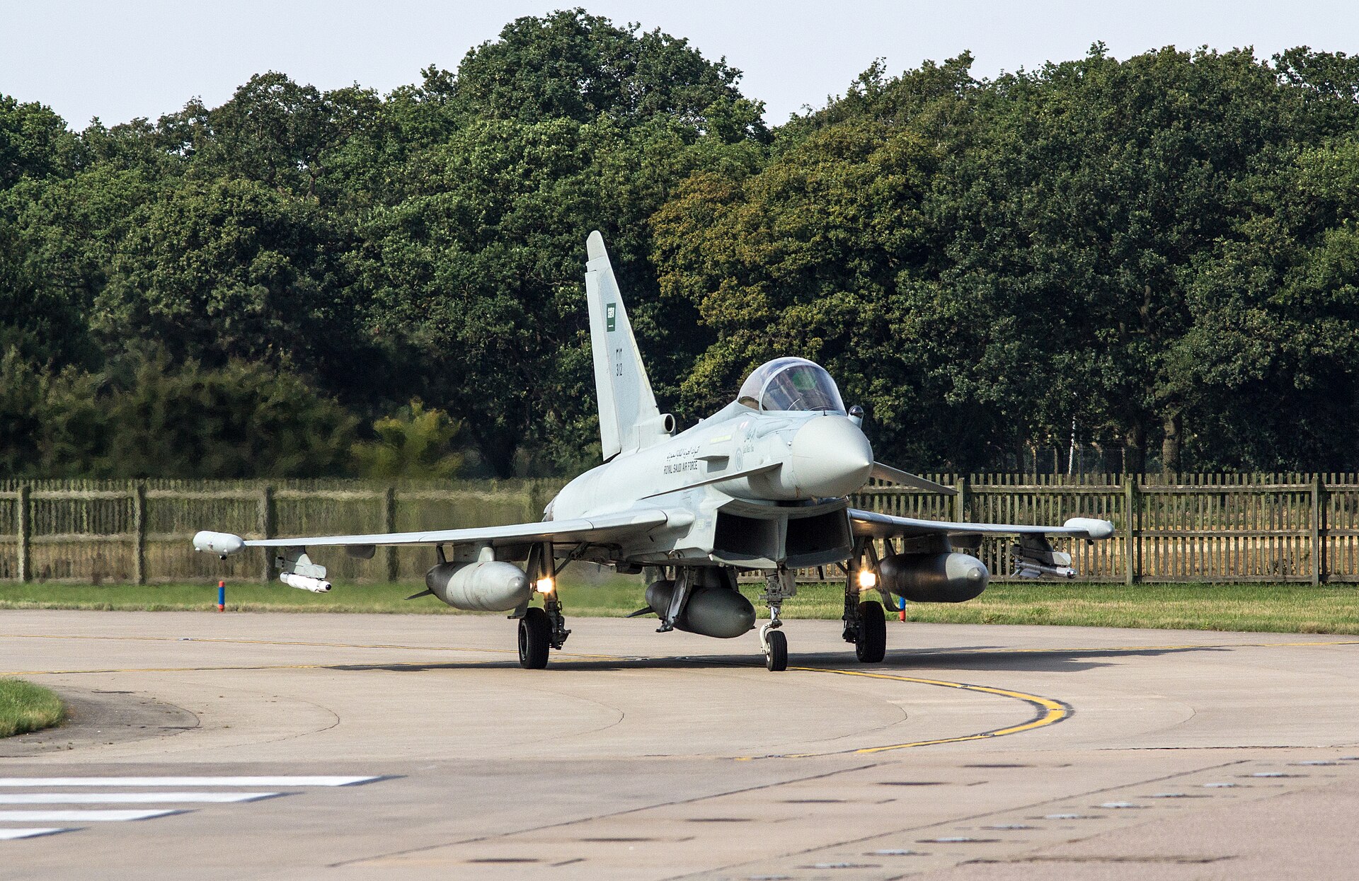 Royal Saudi Air Force Eurofighter Typhoon F2 multirole fighter aircraft taxiing on runway, one of 72 Typhoons in the RSAF fleet. Photo: Wikimedia Commons / CC BY 2.0