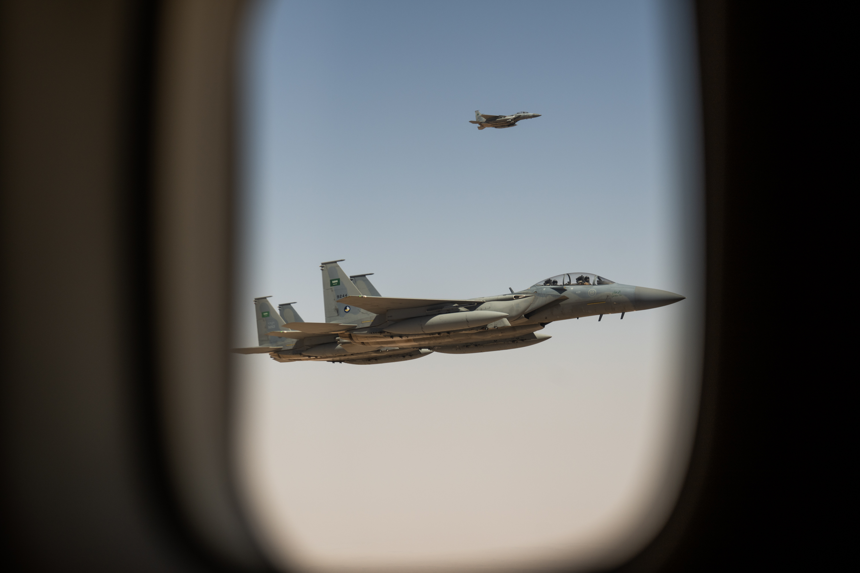Royal Saudi Air Force F-15SA fighter jets escort Air Force One over Saudi Arabia during President Trump's state visit in May 2025