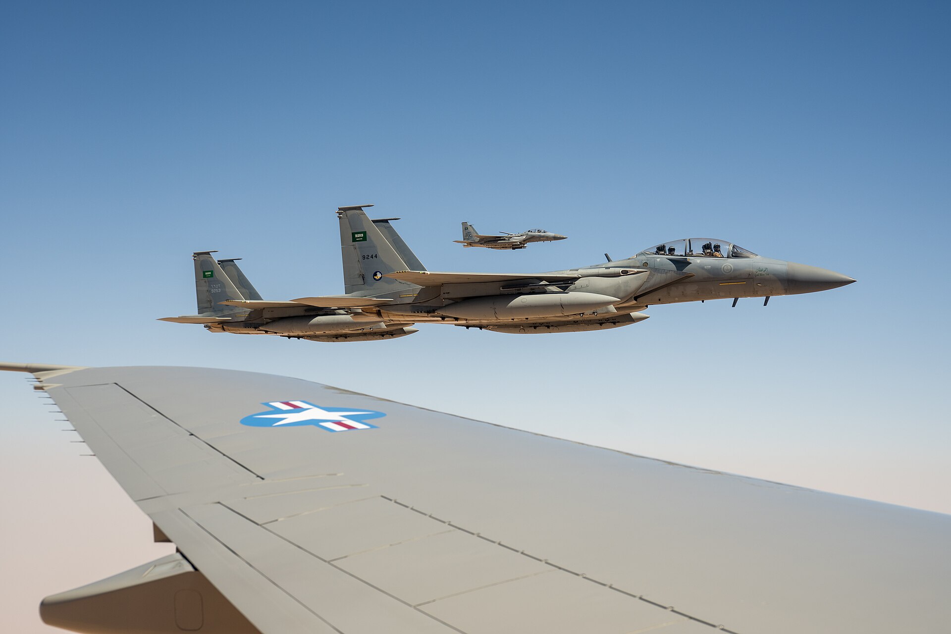 Royal Saudi Air Force F-15SA fighter jets escorting Air Force One over Saudi Arabia