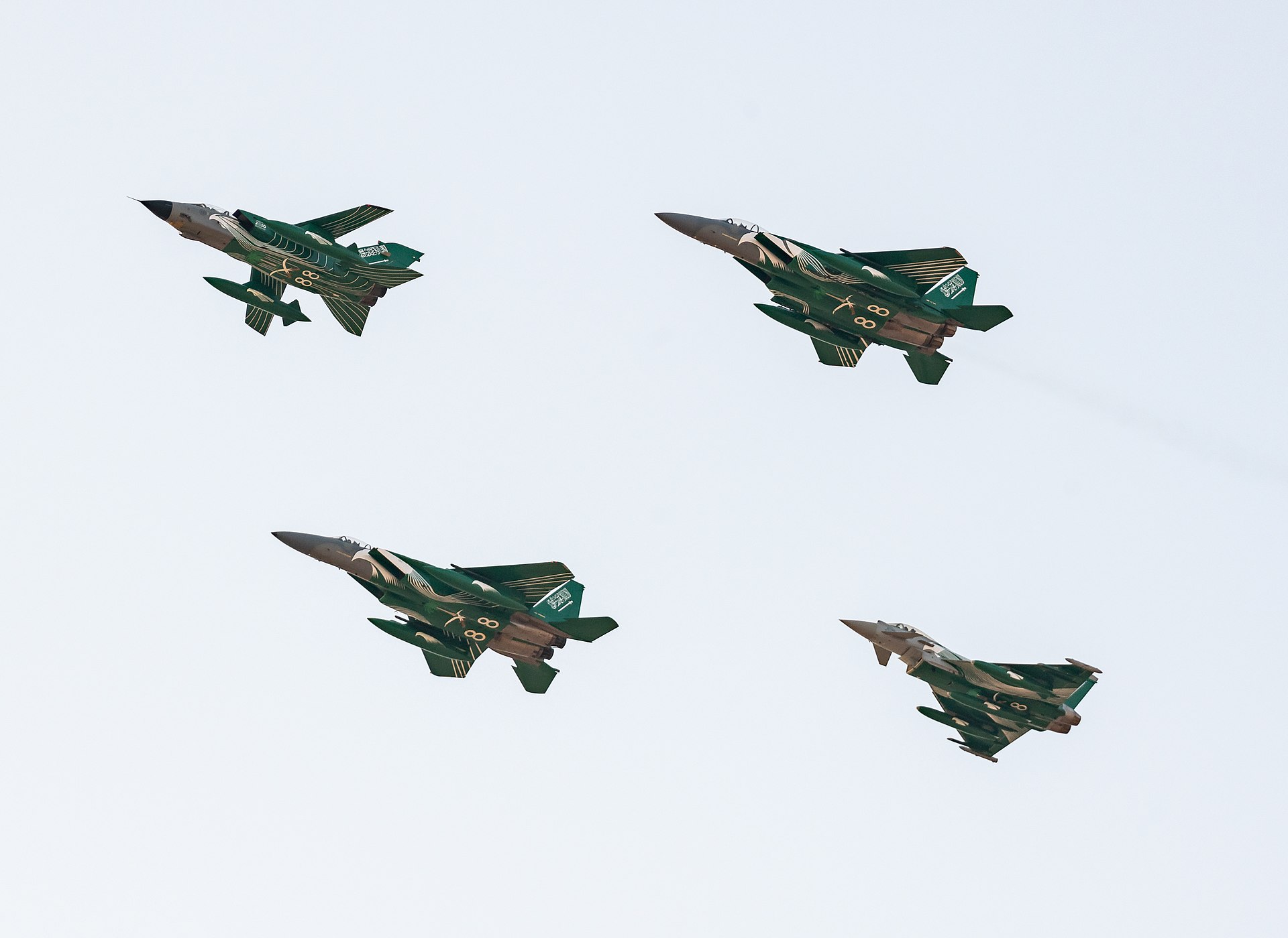 Royal Saudi Air Force fighter jets in formation flight, demonstrating the kingdom's military aviation capabilities