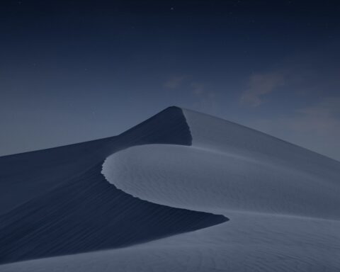 Arabian desert dunes at night under dark skies — the vast Saudi airspace that the Kingdom air defense shield must protect from Iranian missile and drone attacks