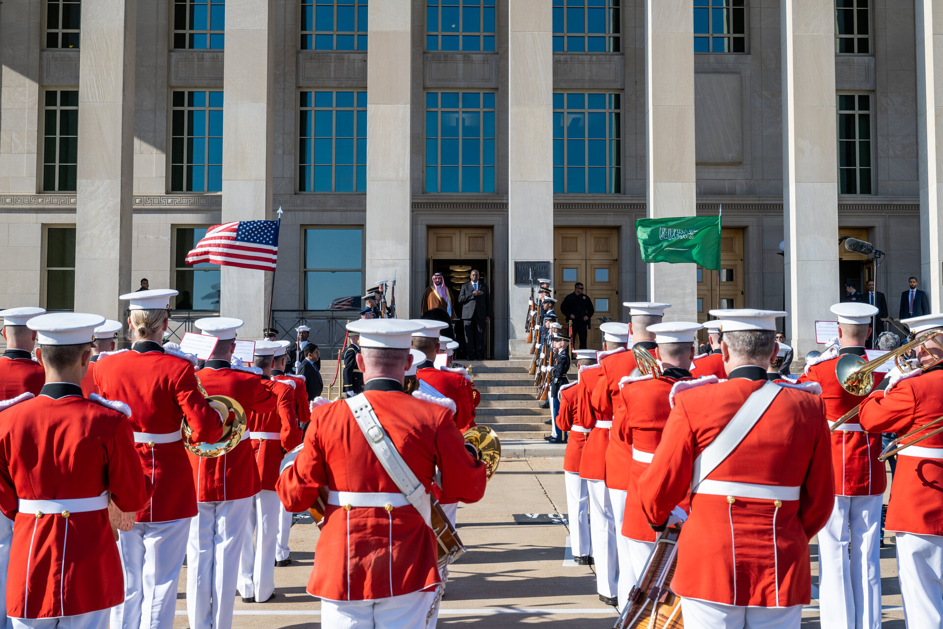 Saudi Defense Minister Prince Khalid bin Salman arrives at the Pentagon for bilateral defense talks, reflecting the Kingdom expanding military partnerships.