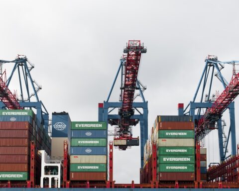 Container cranes loading shipping containers at a major port, illustrating global food supply chain logistics critical to Saudi Arabia food imports