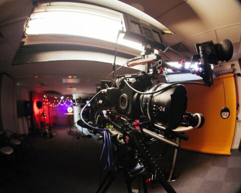 Professional broadcast camera in a television studio representing Saudi Arabia media and information warfare capabilities