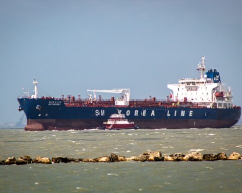 An oil tanker at sea carrying crude oil cargo, representing the global competition for Saudi petroleum exports rerouted through Yanbu during the Hormuz crisis