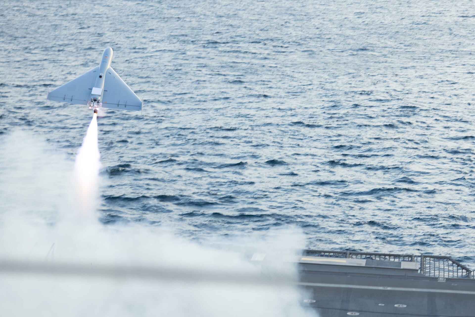 A LUCAS one-way attack drone, the American reverse-engineered version of the Iranian Shahed-136, launches from a naval vessel in the Arabian Gulf. Photo: U.S. Navy / Public Domain