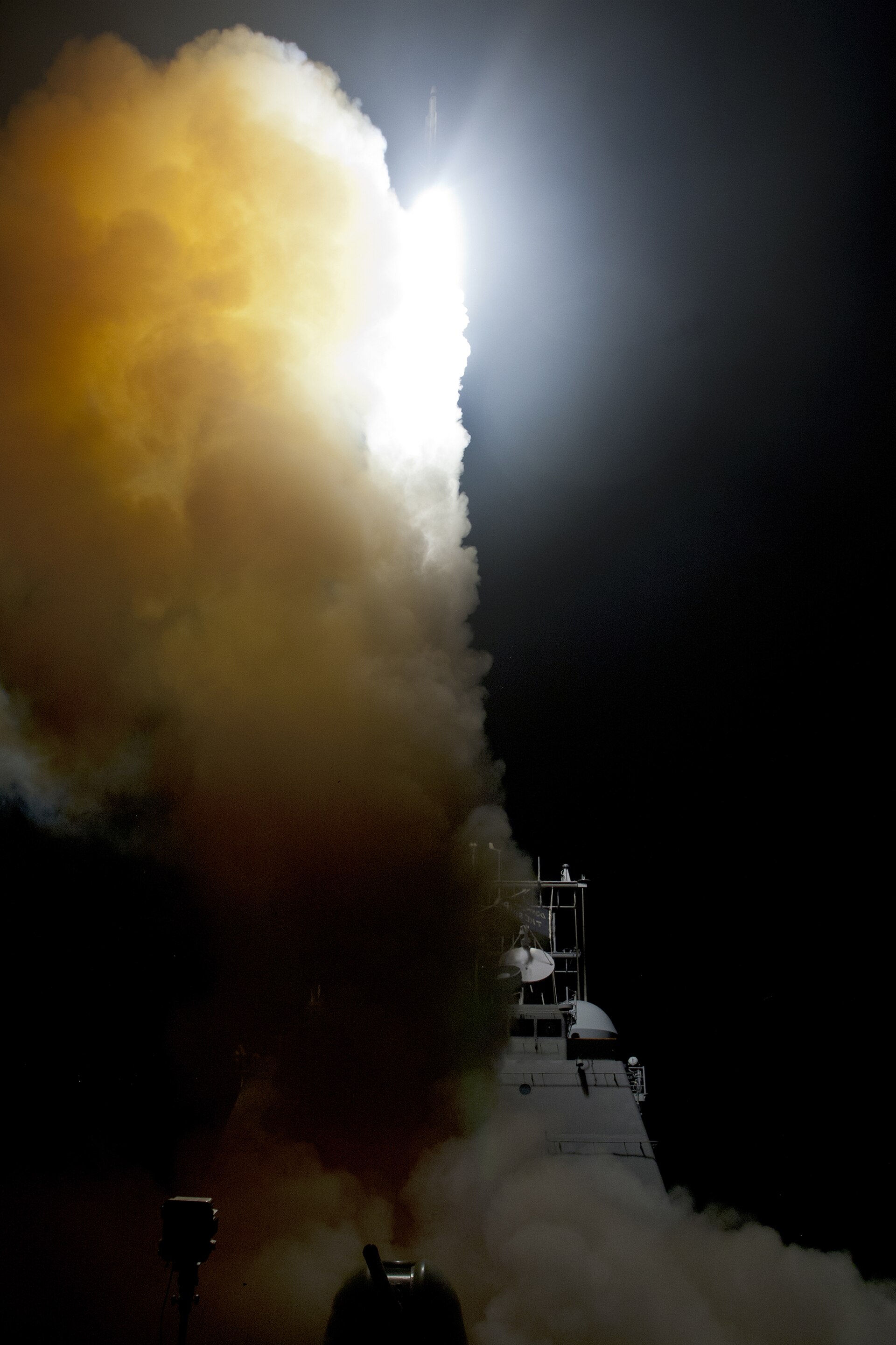 A Standard Missile-3 Block 1B interceptor launches from the guided-missile cruiser USS Lake Erie during a ballistic missile defense test. An SM-3 was fired at one of the Iranian missiles targeting Diego Garcia. Photo: US Navy / Public Domain