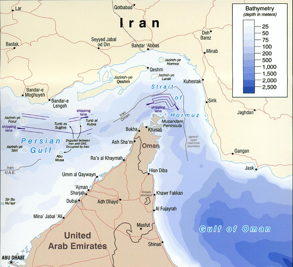 CIA map of the Strait of Hormuz showing shipping lanes between Iran, Oman, and the United Arab Emirates