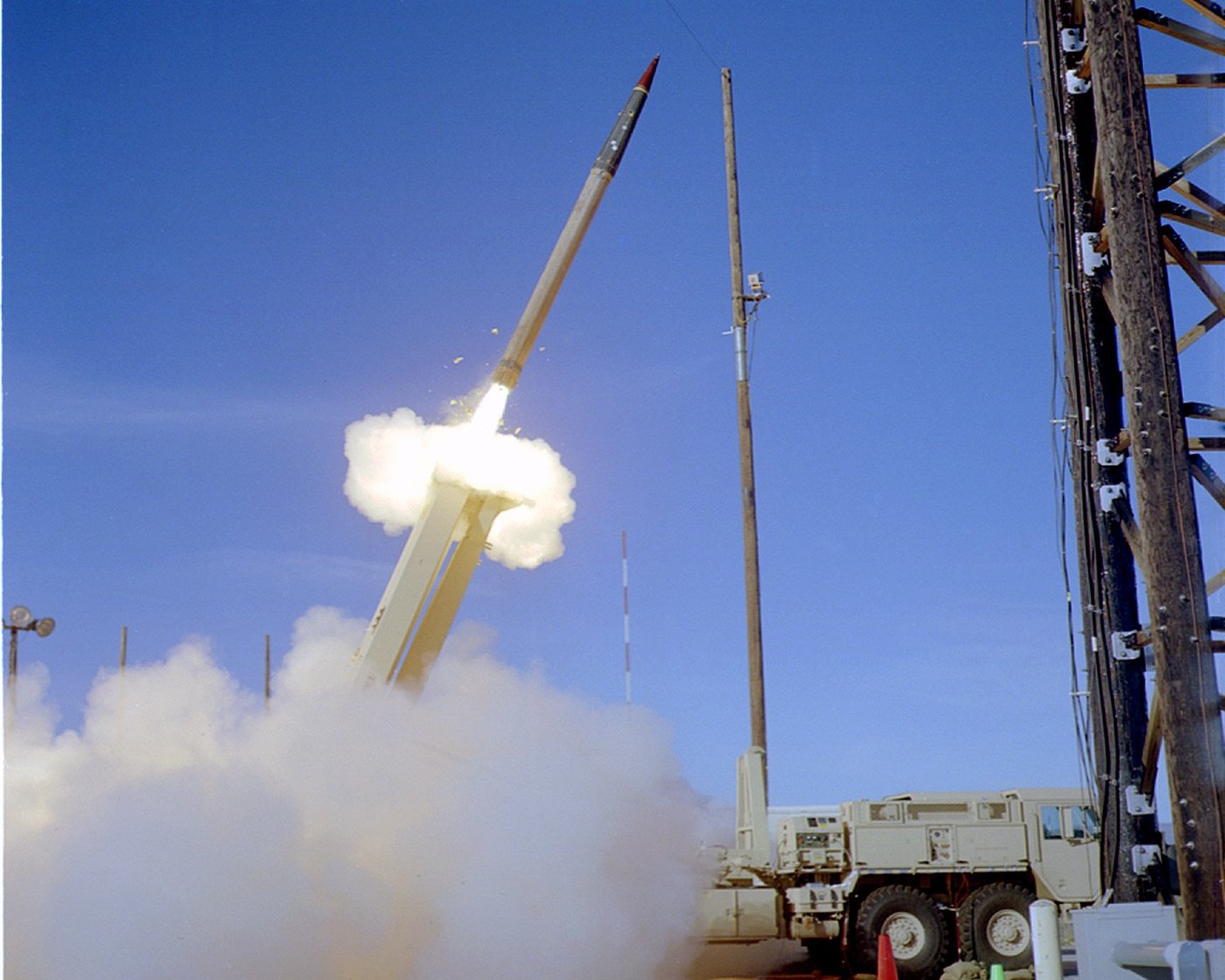 A THAAD missile defense interceptor launches during testing, representing the kind of advanced air defense systems Saudi Arabia uses against Iranian drone and missile attacks