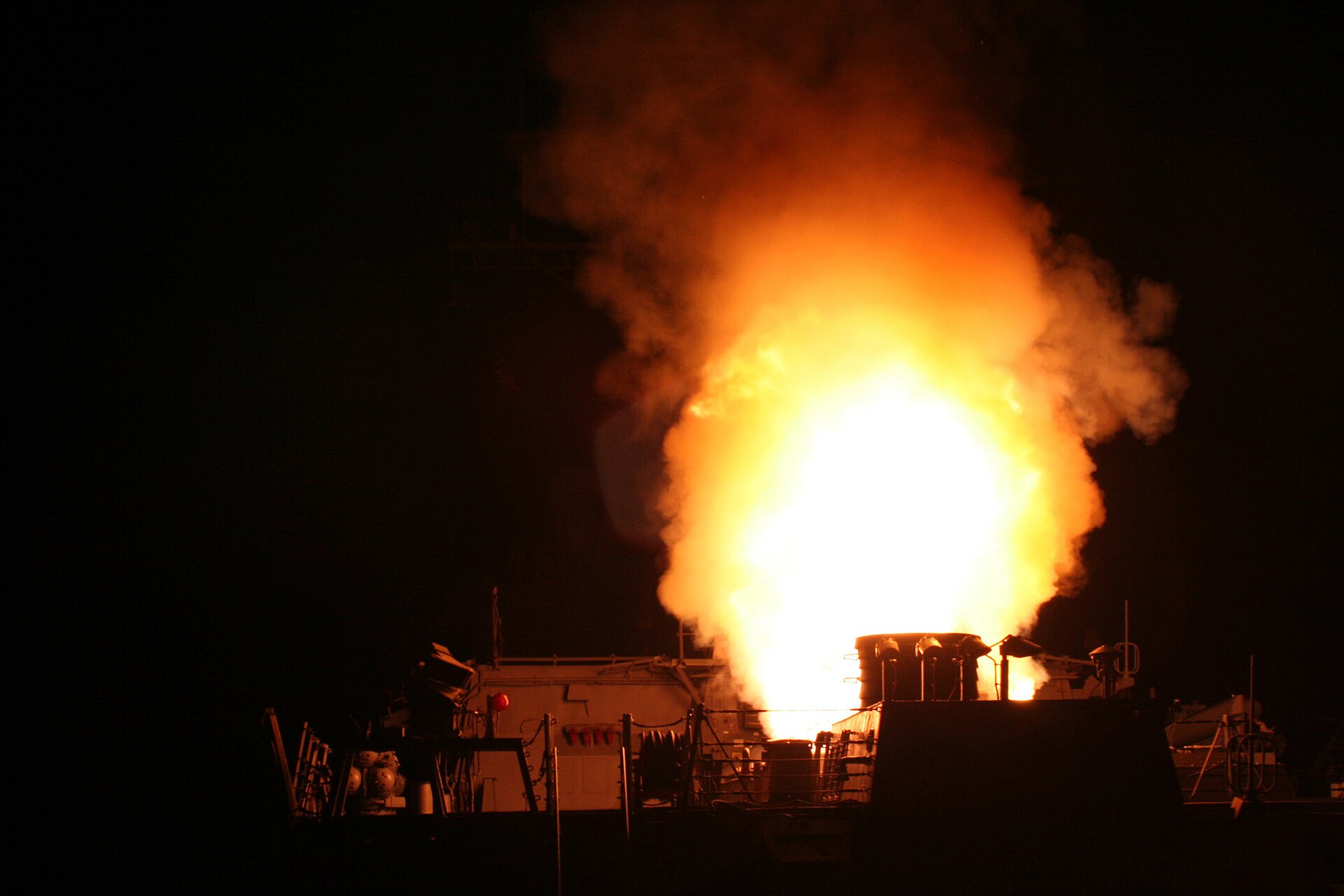 A Tomahawk cruise missile launches from a US Navy destroyer during operations against Iran, part of AI-directed strikes in Operation Epic Fury