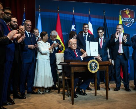President Donald Trump delivers remarks at the Shield of the Americas summit in Doral, Florida, on March 7, 2026, during the second week of the Iran war. Photo: White House / Public Domain