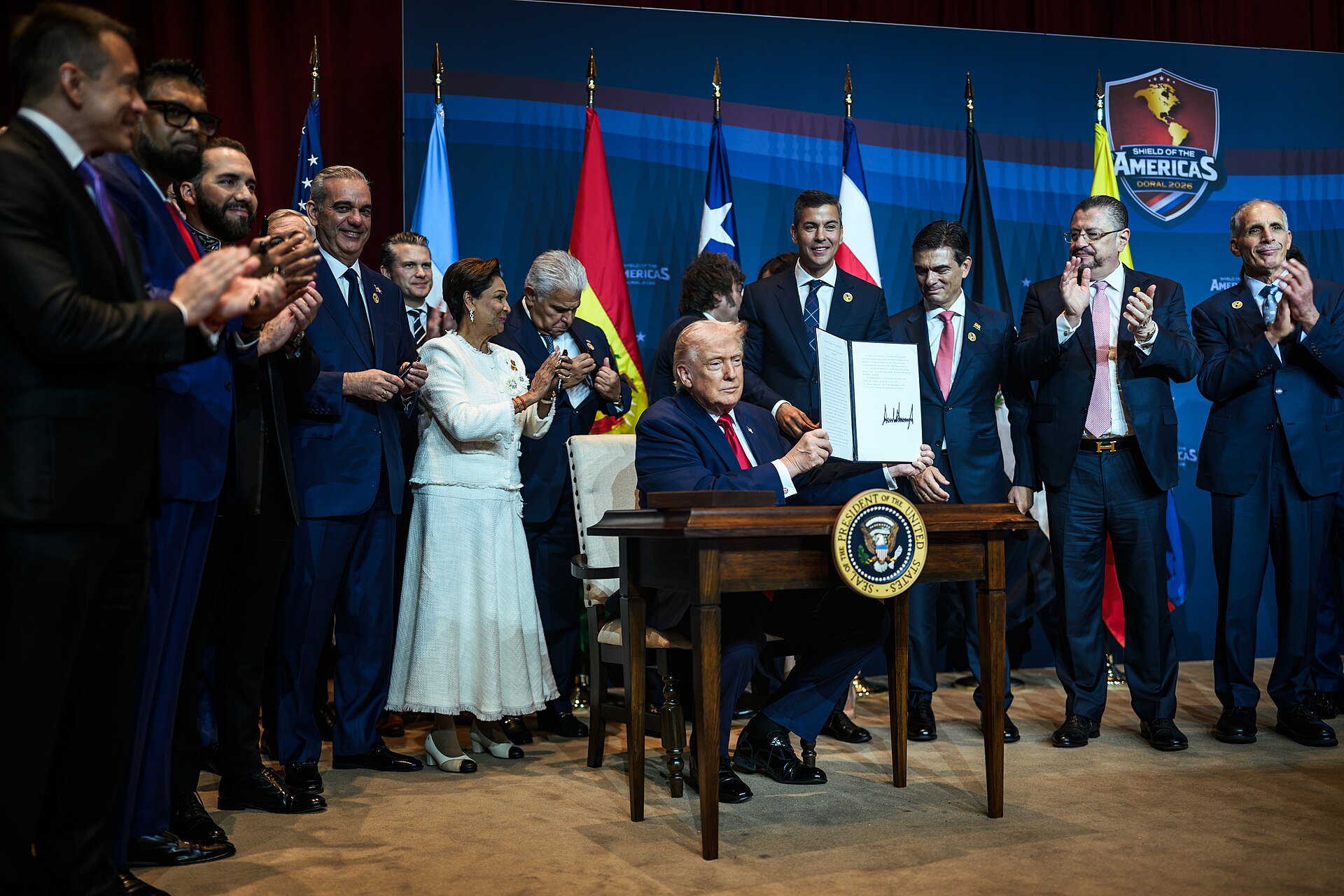 President Donald Trump delivers remarks at the Shield of the Americas summit in Doral, Florida, on March 7, 2026, during the second week of the Iran war. Photo: White House / Public Domain
