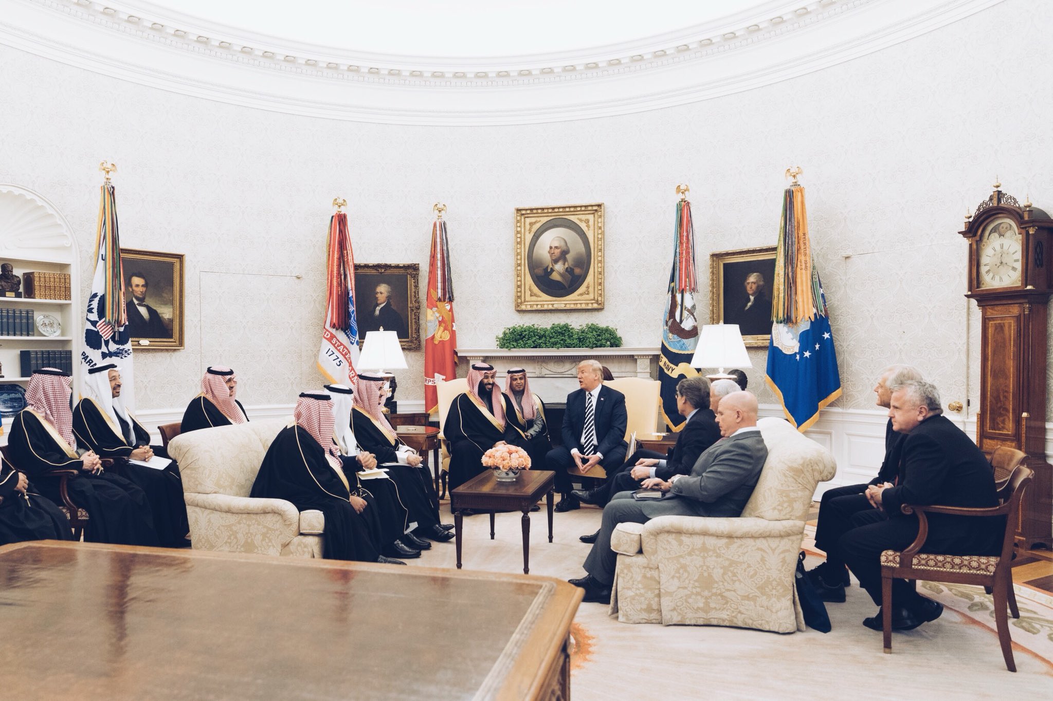 Trump and Crown Prince Mohammed bin Salman meet with delegations in the Oval Office during the March 2018 bilateral visit to Washington