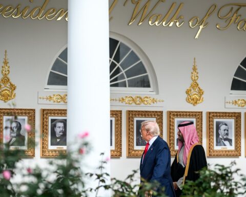 President Donald Trump and Crown Prince Mohammed bin Salman walk along the West Colonnade of the White House during their bilateral meeting, November 2025. Photo: White House / Public Domain