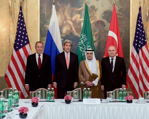 Foreign ministers of Turkey, Saudi Arabia, and allied nations at a diplomatic meeting, reflecting the shuttle diplomacy shaping the Iran war. Photo: US State Department / Public Domain
