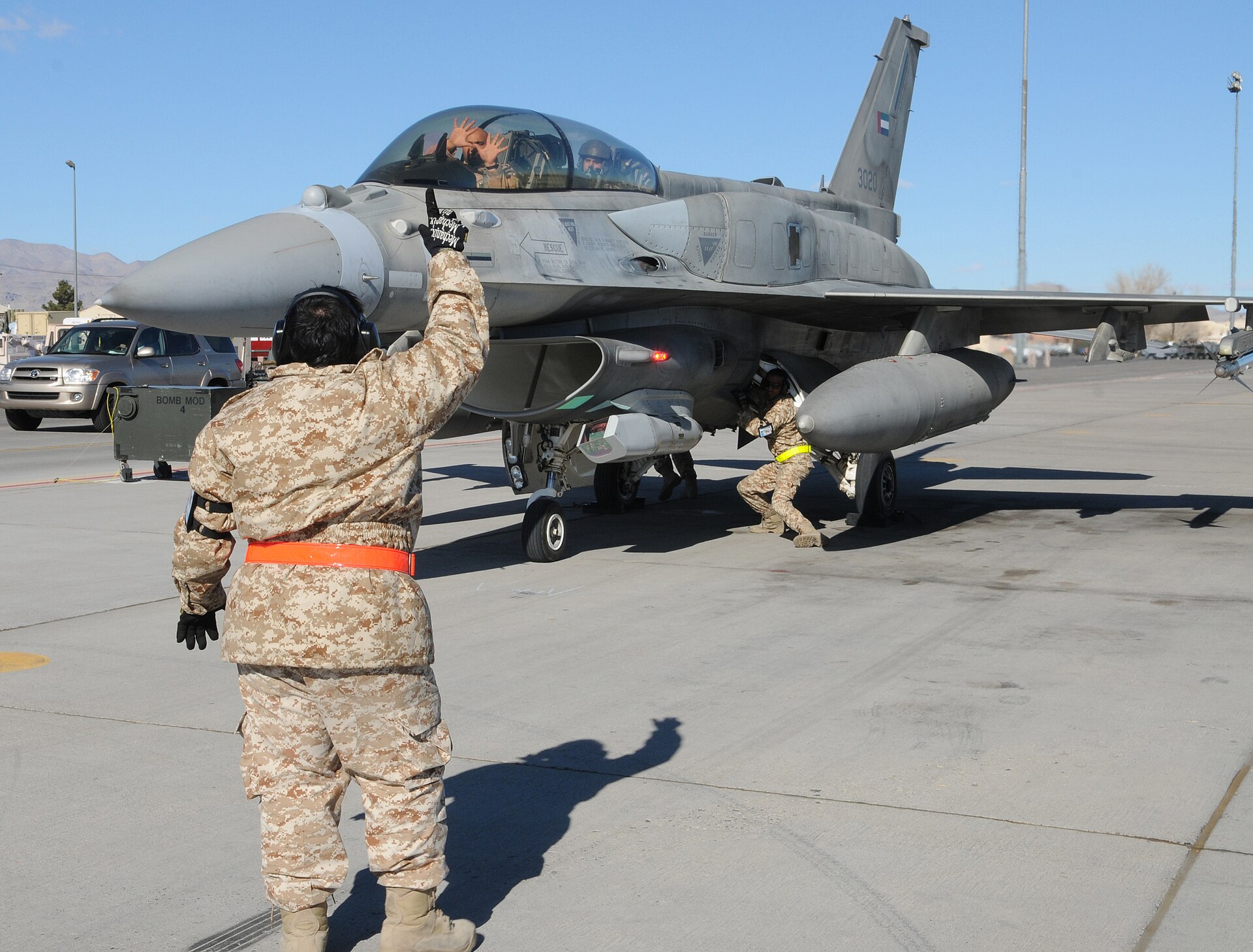 A United Arab Emirates Air Force F-16 Desert Falcon fighter jet prepares for a mission, part of the fleet defending UAE airspace against Iranian strikes