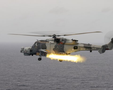 A Royal Navy Wildcat helicopter fires a Martlet missile, the same weapon used in the Rapid Sentry air defense system being deployed to Saudi Arabia and the Gulf. Photo: UK Ministry of Defence / OGL