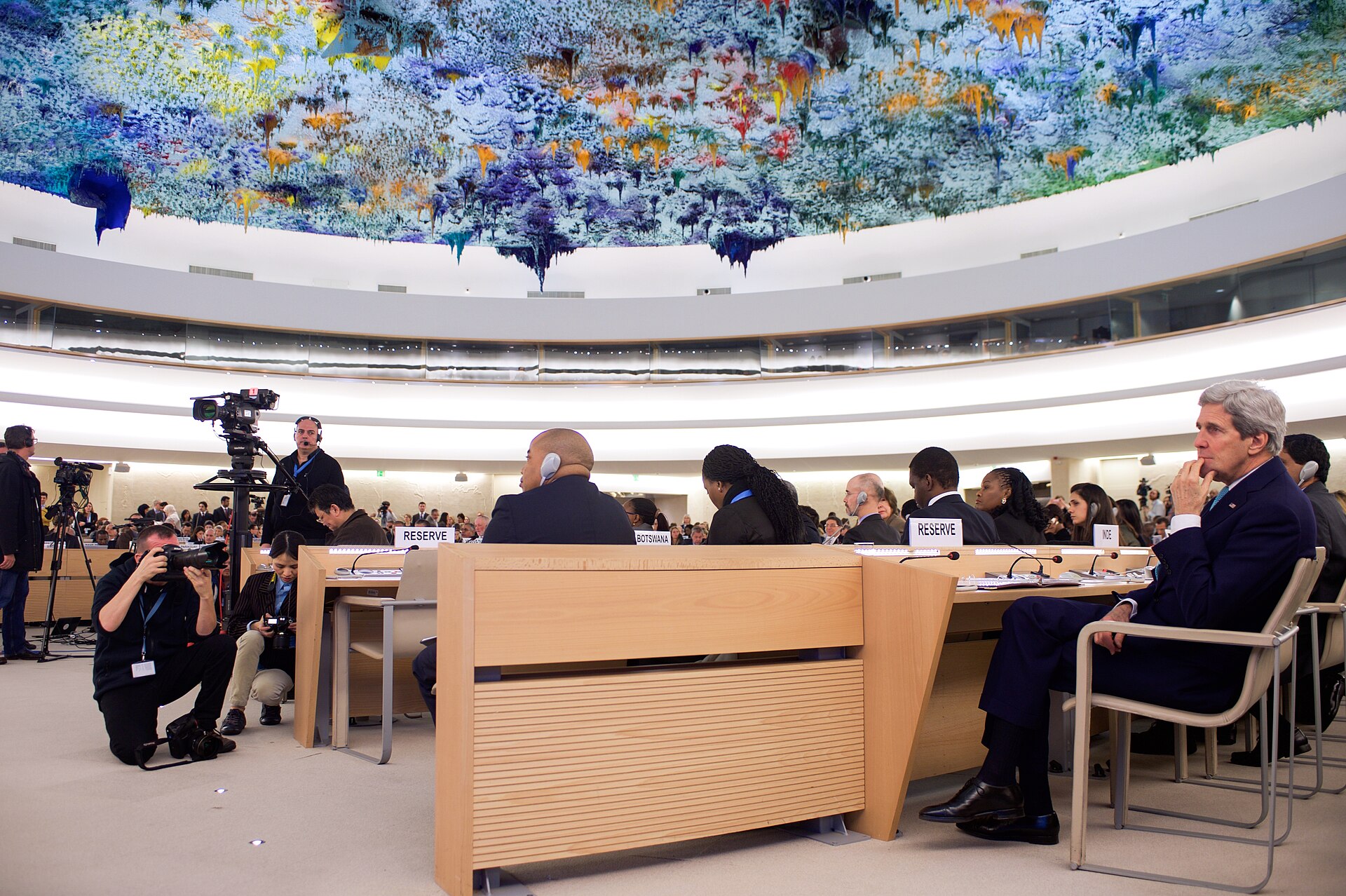 The UN Human Rights Council chamber in Geneva where Gulf states won a resolution demanding Iran cease attacks and pay reparations. Photo: US State Department / Public Domain