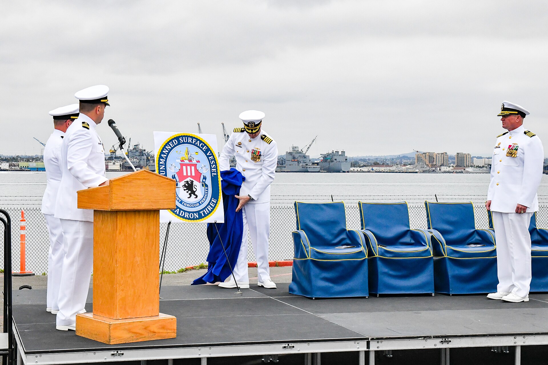 U.S. Navy Unmanned Surface Vessel Squadron 3 standup ceremony at Naval Base Coronado, reflecting the growing importance of autonomous naval platforms. Photo: U.S. Navy / Public Domain