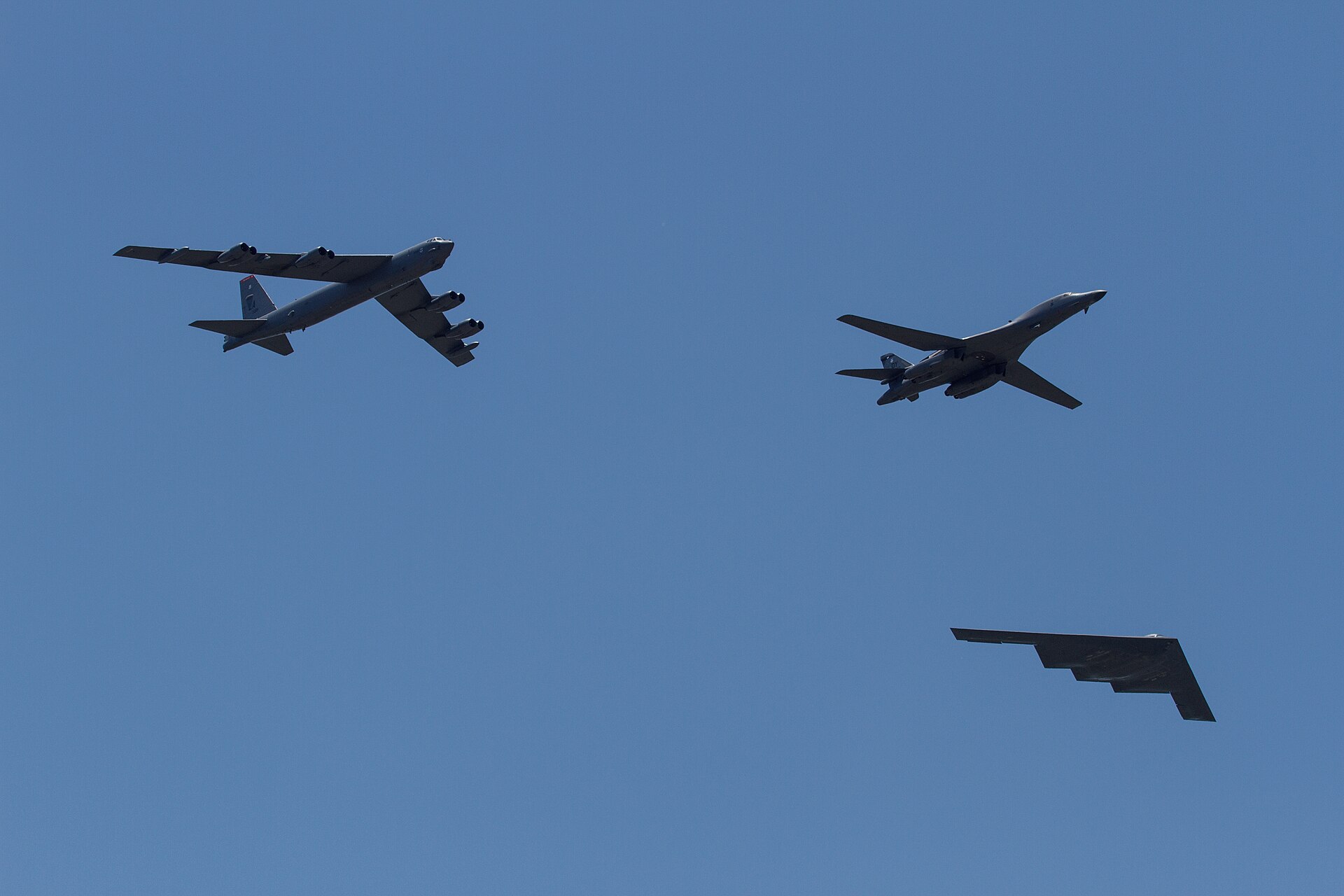 USAF strategic bomber formation including B-52H B-1B and B-2 Spirit stealth bomber representing the military capability behind Trump threat to destroy South Pars gas field
