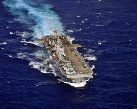 The amphibious assault ship USS Boxer (LHD 4) underway in the Pacific Ocean. The Boxer departed San Diego in March 2026 carrying the 11th Marine Expeditionary Unit toward the Persian Gulf. Photo: US Navy / Public Domain