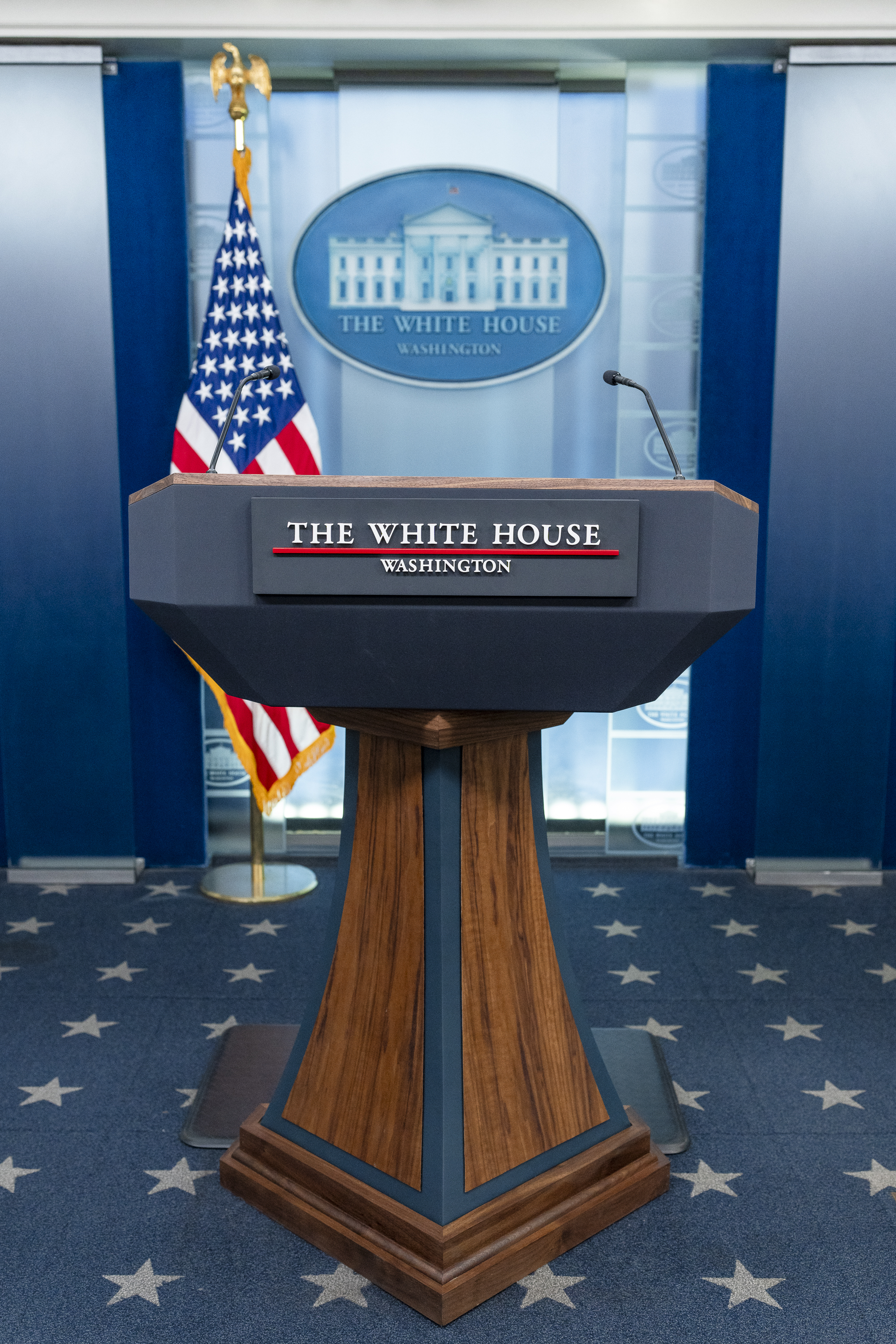 The White House James S. Brady Press Briefing Room podium where Press Secretary Karoline Leavitt warned Trump would unleash hell on Iran. Photo: White House / Public Domain