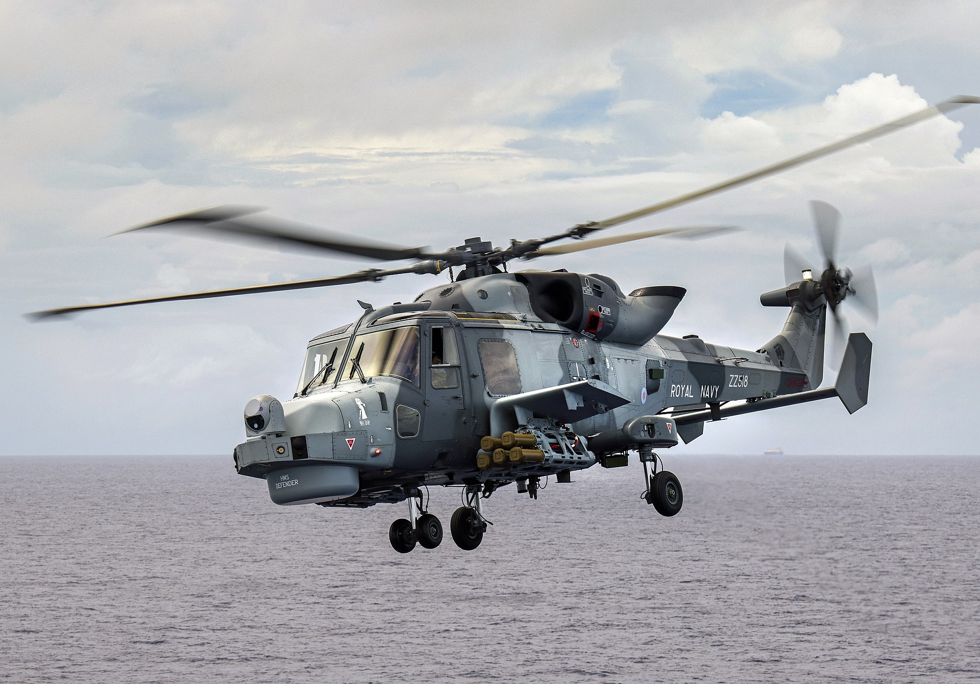 A Royal Navy AW159 Wildcat helicopter carrying Martlet missiles during operations. Wildcat helicopters armed with Martlet missiles are part of the UK counter-drone layered defense deployed to the Gulf.