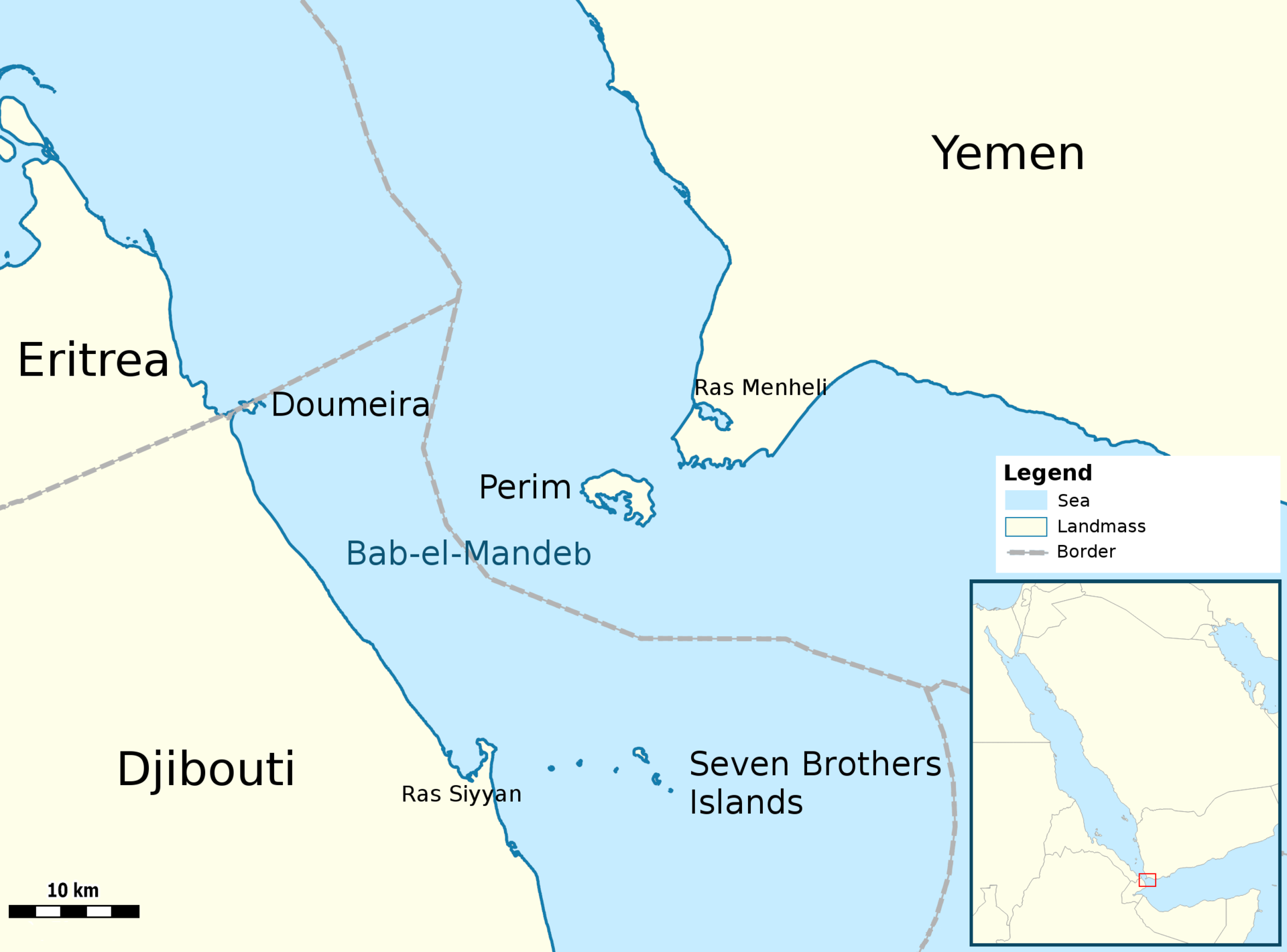 Map of the Bab-el-Mandeb strait between Yemen Djibouti and Eritrea showing Perim Island and the Red Sea chokepoint
