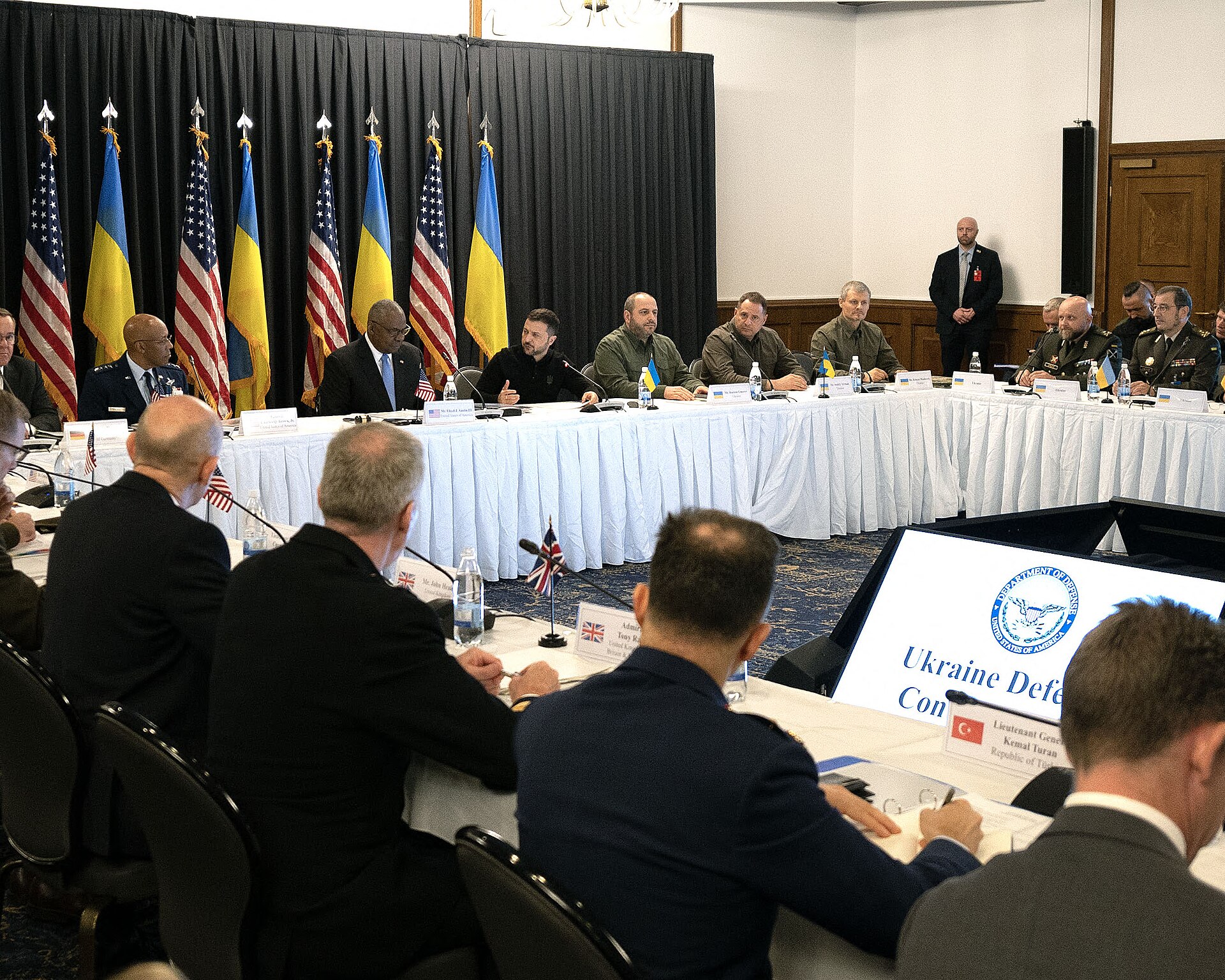 Ukrainian President Volodymyr Zelenskyy addresses the Ukraine Defense Contact Group at Ramstein Air Base in September 2024, the same format of multinational defense diplomacy he now deploys in the Gulf. Photo: US Department of Defense / Public Domain