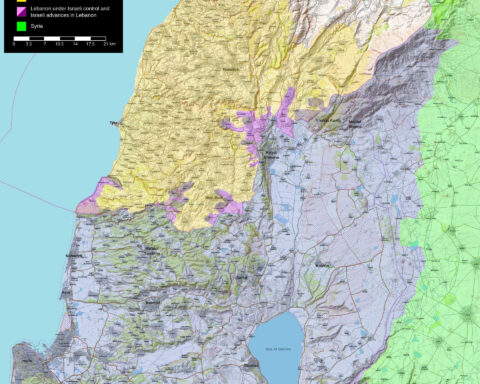 2026 Lebanon War map showing Israeli-controlled areas in southern Lebanon, Hezbollah presence zones, and the border region where the Yellow Line buffer zone was established April 18, 2026