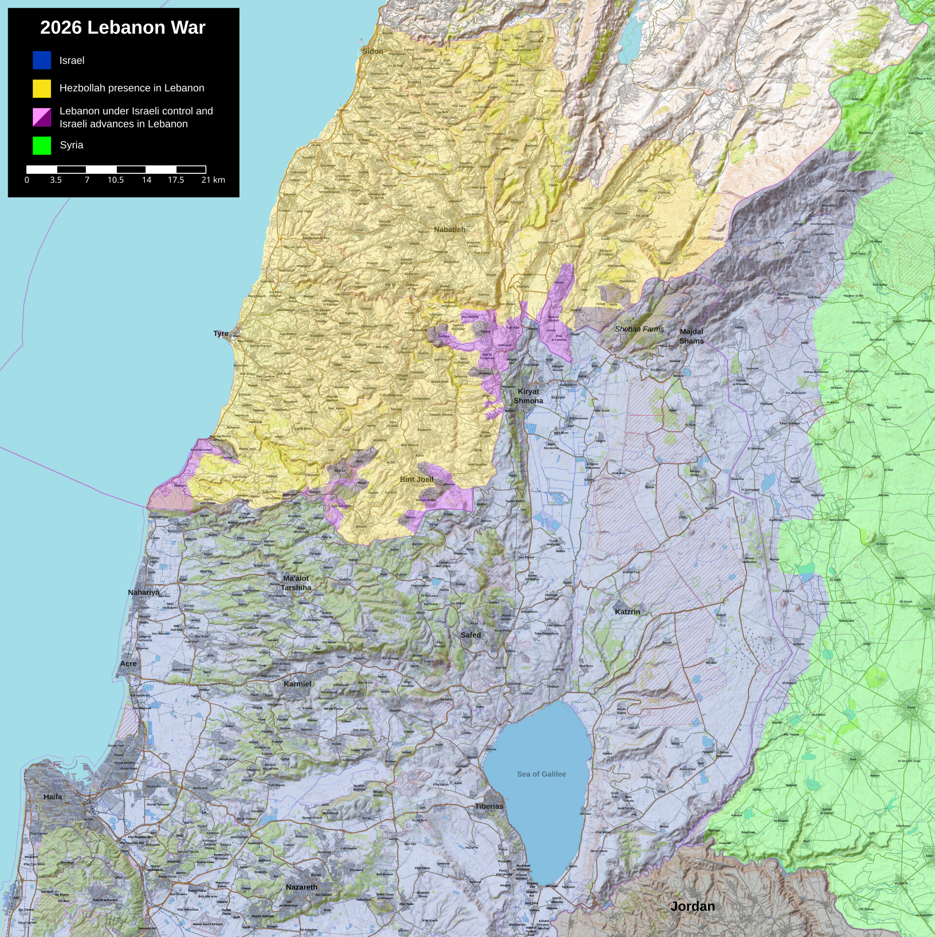 2026 Lebanon War map showing Israeli-controlled areas in southern Lebanon, Hezbollah presence zones, and the border region where the Yellow Line buffer zone was established April 18, 2026