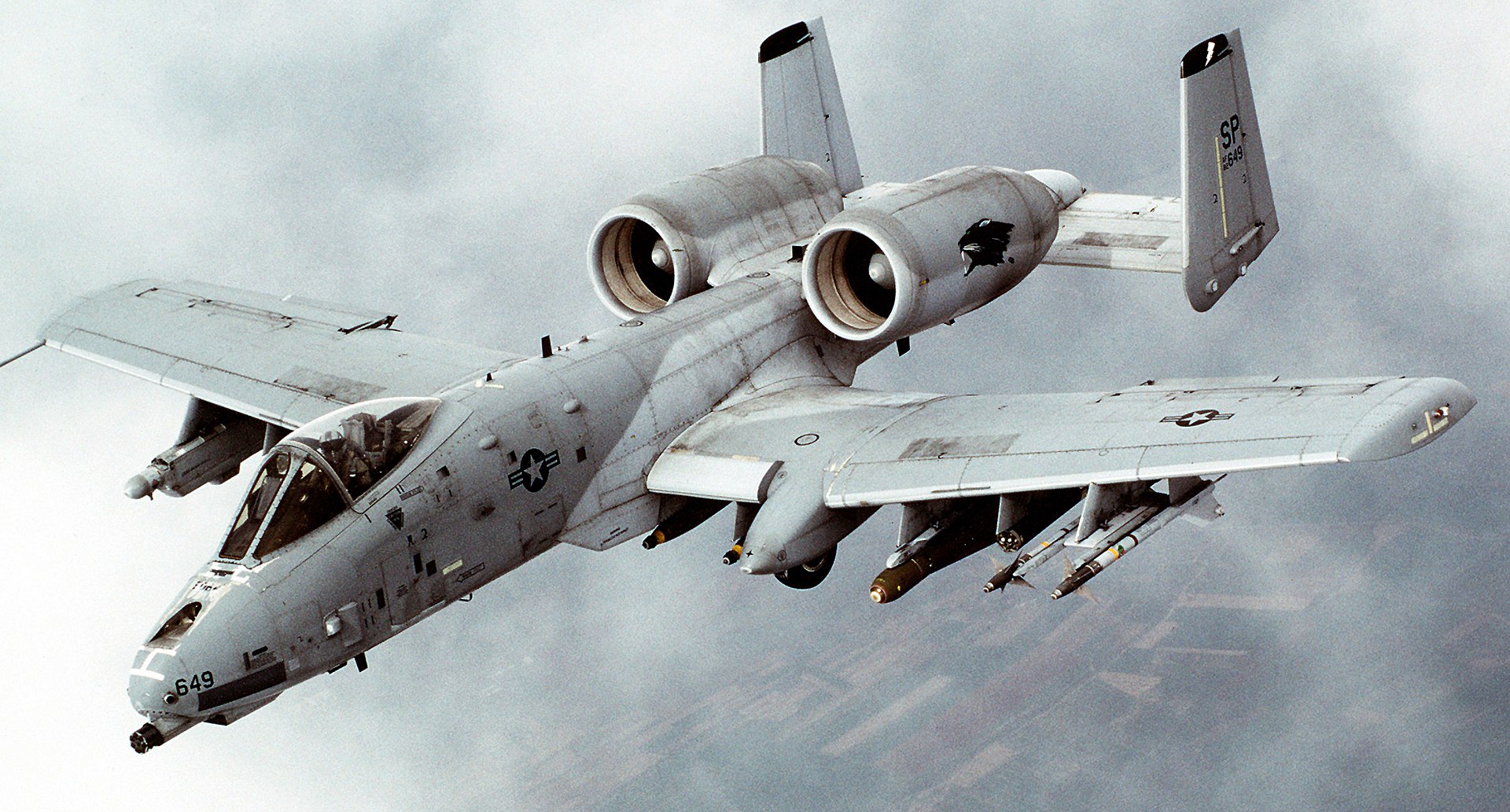 A-10 Thunderbolt II Warthog armed with AGM-65 Maverick missiles in flight, US Air Force