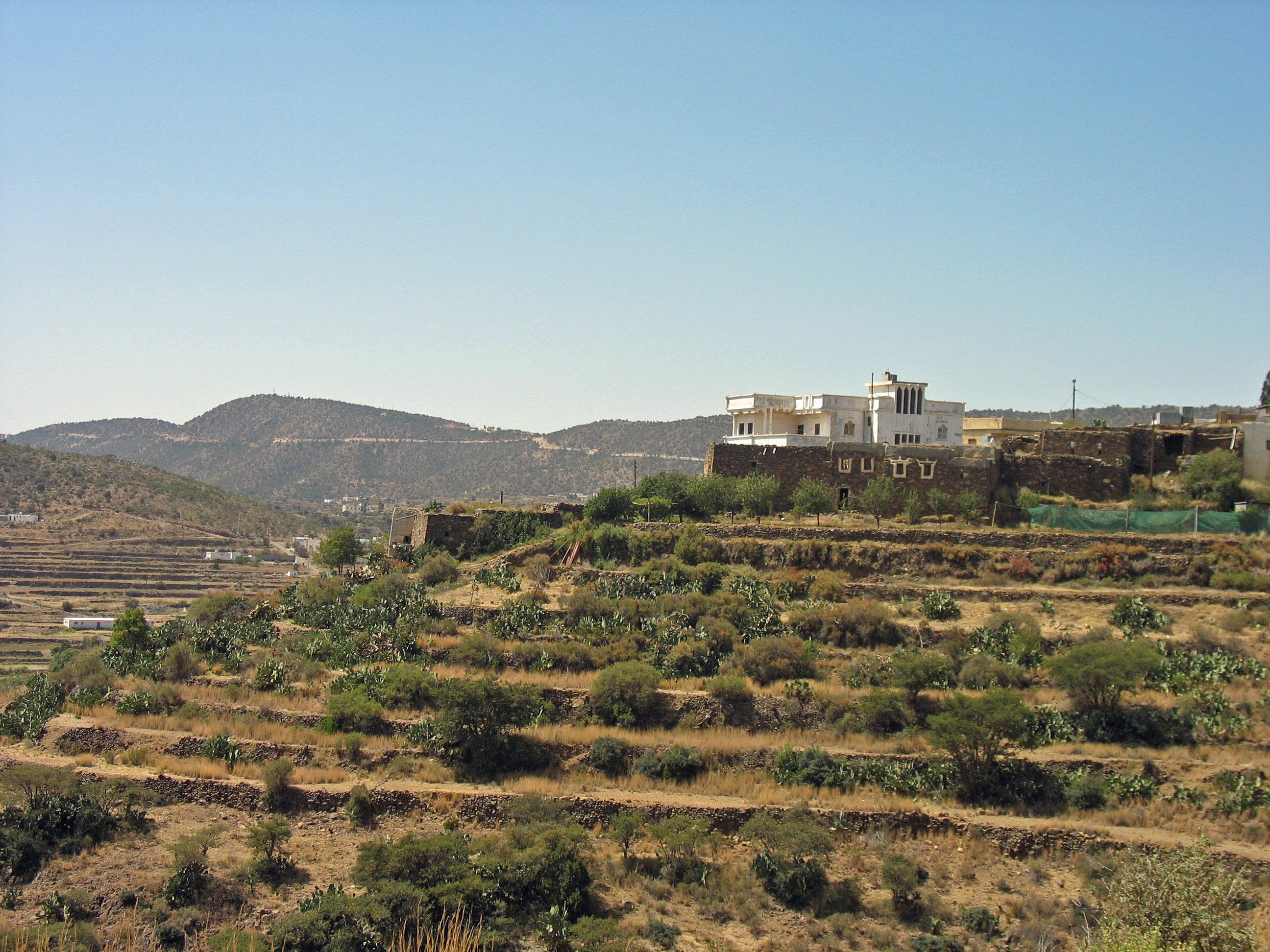 Terraced mountain village on the road to Al Sawda near Abha, Saudi Arabia, with juniper-covered peaks in the background