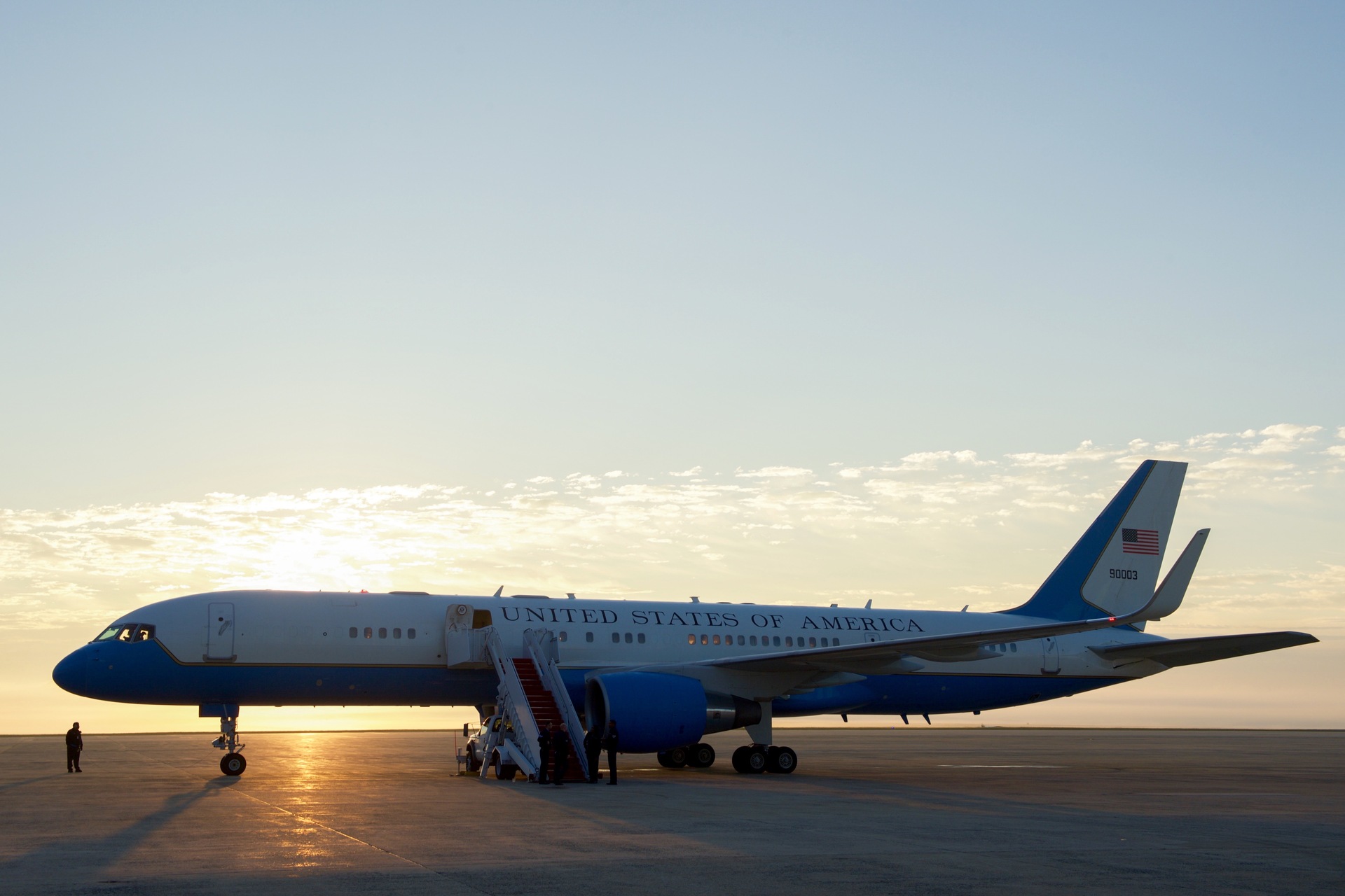 Air Force Two, the US Vice Presidential aircraft, on the tarmac at Joint Base Andrews at sunset