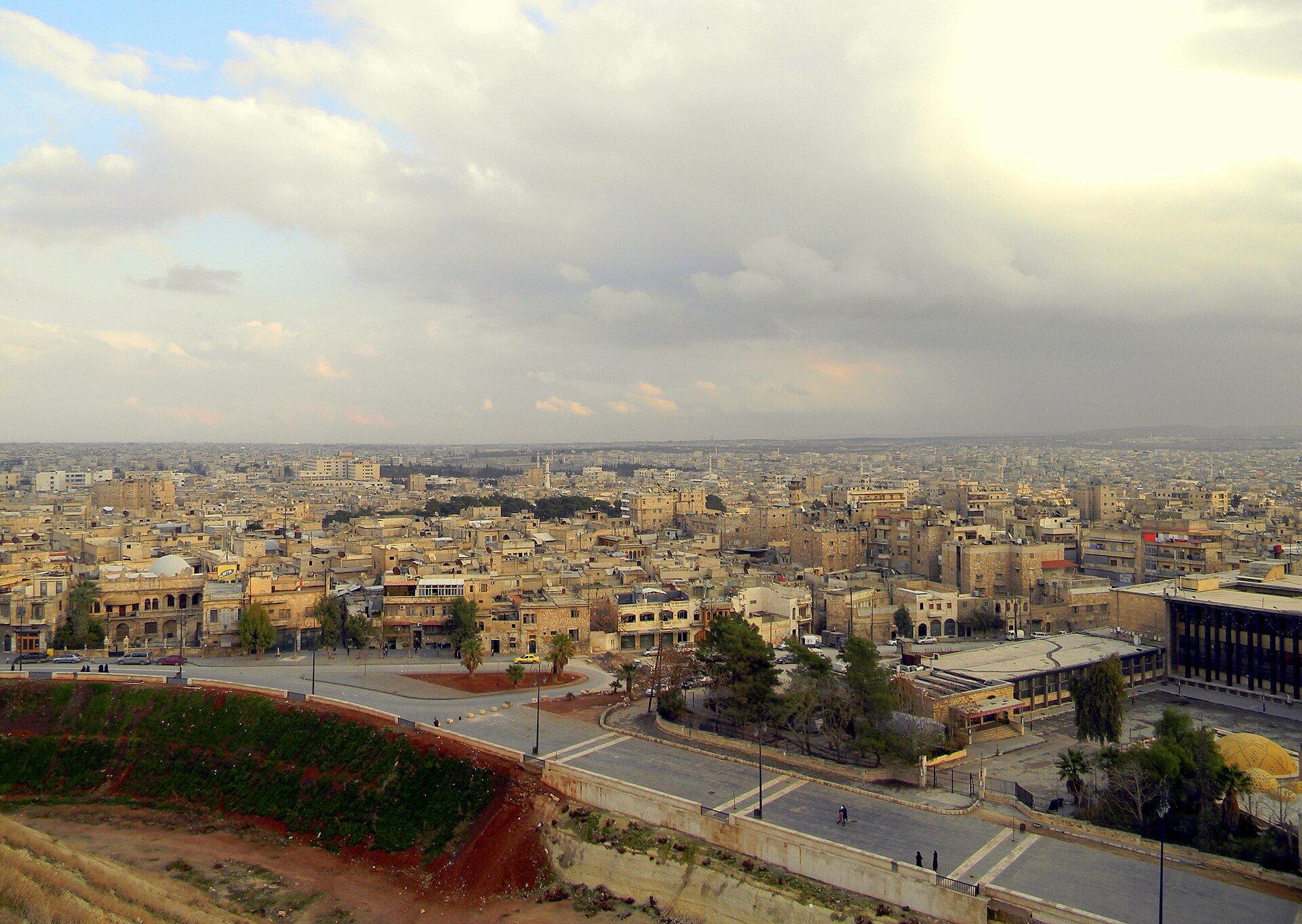Aerial view of Aleppo, Syria from the Citadel, showing the city skyline and urban expanse targeted for reconstruction under Saudi Arabias 11.7 billion dollar investment package