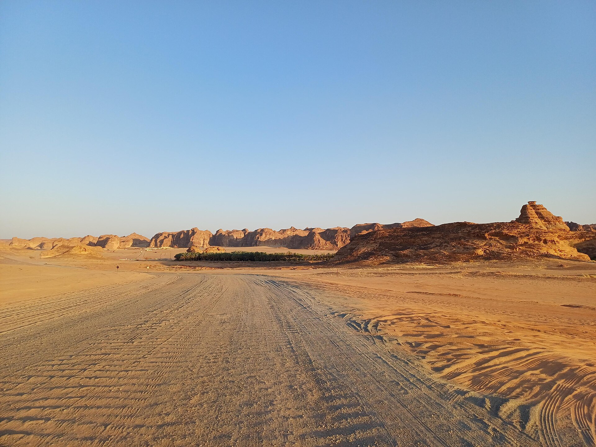 Desert road through the sandstone landscape of AlUla in northwestern Saudi Arabia