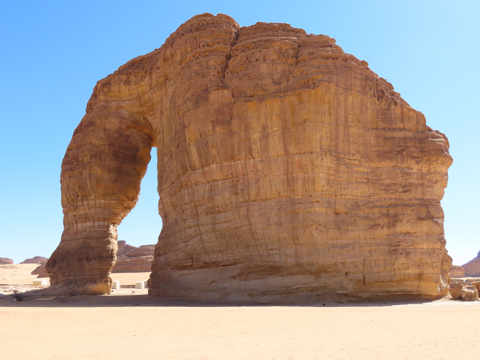 Close-up view of Elephant Rock, a 52-metre natural sandstone formation in AlUla, Saudi Arabia