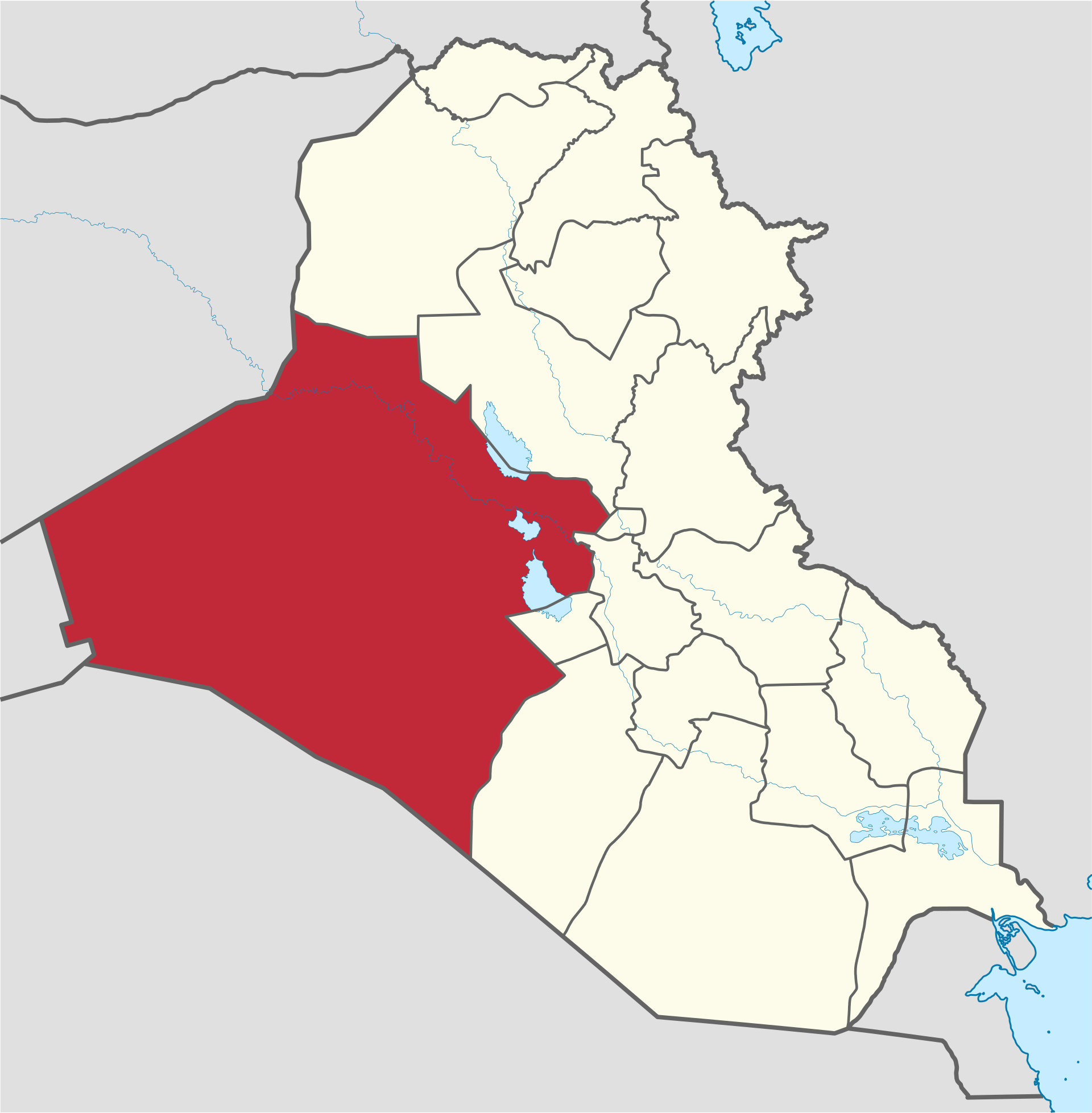Al-Anbar province (red) in western Iraq, the vast desert governorate bordering Saudi Arabia from which drone and missile attacks have been launched