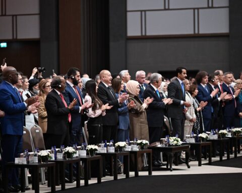 Senior diplomats stand in applause at the opening ceremony of the Antalya Diplomacy Forum, April 2026, where Turkey launched its post-war regional security platform proposal