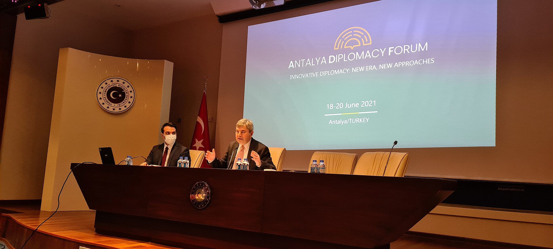 Antalya Diplomacy Forum 2021 session with Turkish Ministry of Foreign Affairs branding — the same venue hosts the fifth edition of the forum in April 2026 as the Iran-US ceasefire enters its final five days