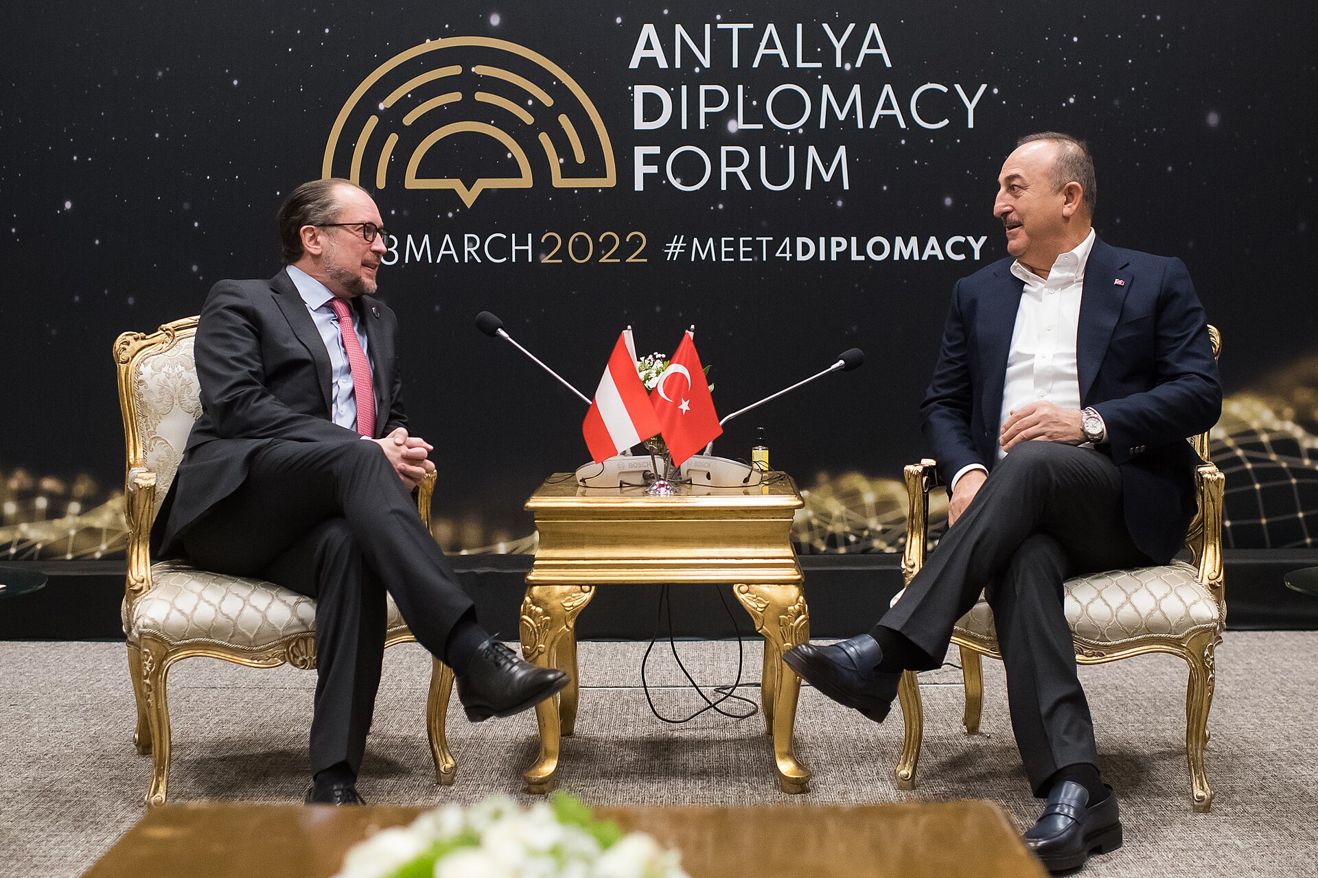 Austrian Foreign Minister Schallenberg meets Turkish Foreign Minister Cavusoglu in a bilateral session at the Antalya Diplomacy Forum, March 2022 — the same forum format that hosts the Turkey-Pakistan-Saudi Arabia-Egypt quadrilateral in April 2026